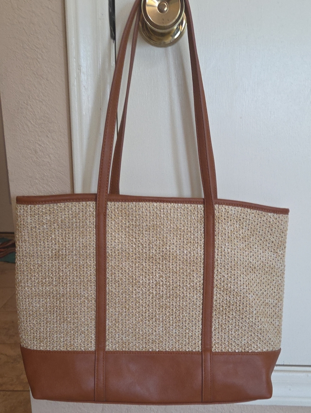 Talbots Natural Woven Tote with Brown Trim - Picture 2 of 13